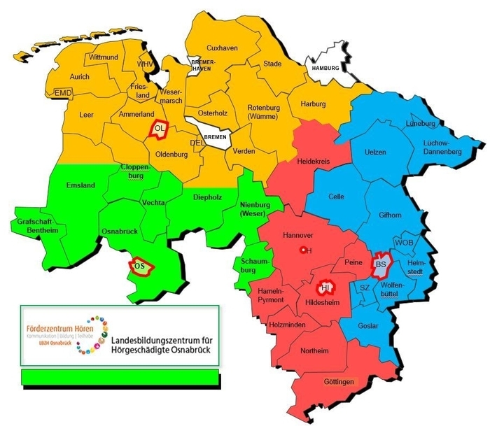 Landkarte Niedersachsen mit Kennzeichnung der Landkreise und farbigen Markierungen der jeweils zuständigen LBZHs